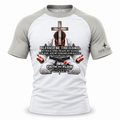 A white and gray raglan baseball t-shirt with a detailed graphic on the front showing a man in a white gi seated under a wooden cross, with the text 'BLESSED BE THE LORD, MY ROCKS WHO TRAINS MY HANDS, MY FINGERS FOR BATTLE, PSALM 146:1-4' and 'FAITH AND FLOW' printed on the sleeve.