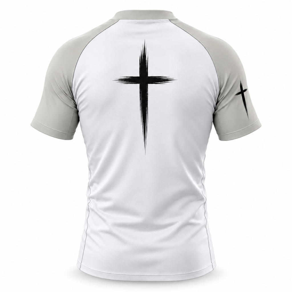 White and gray short-sleeve athletic shirt shown from the back, featuring a large black brushstroke cross on the upper back and a smaller black cross on the left sleeve, on a light gray background.