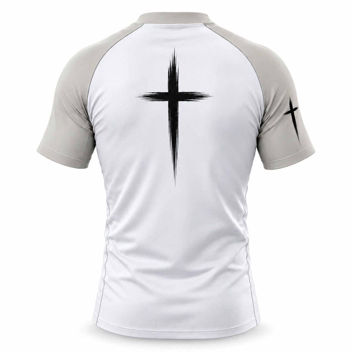 White and gray short-sleeve athletic shirt shown from the back, featuring a large black brushstroke cross on the upper back and a smaller black cross on the left sleeve, on a light gray background.